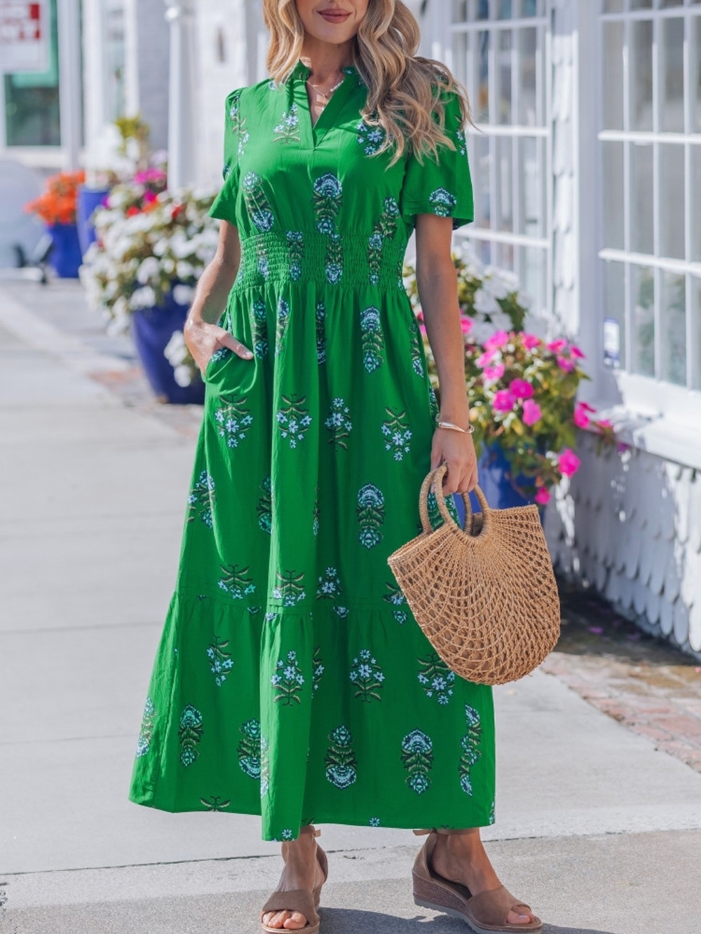 Women’s Green Floral Maxi Dress with Smocked Waist